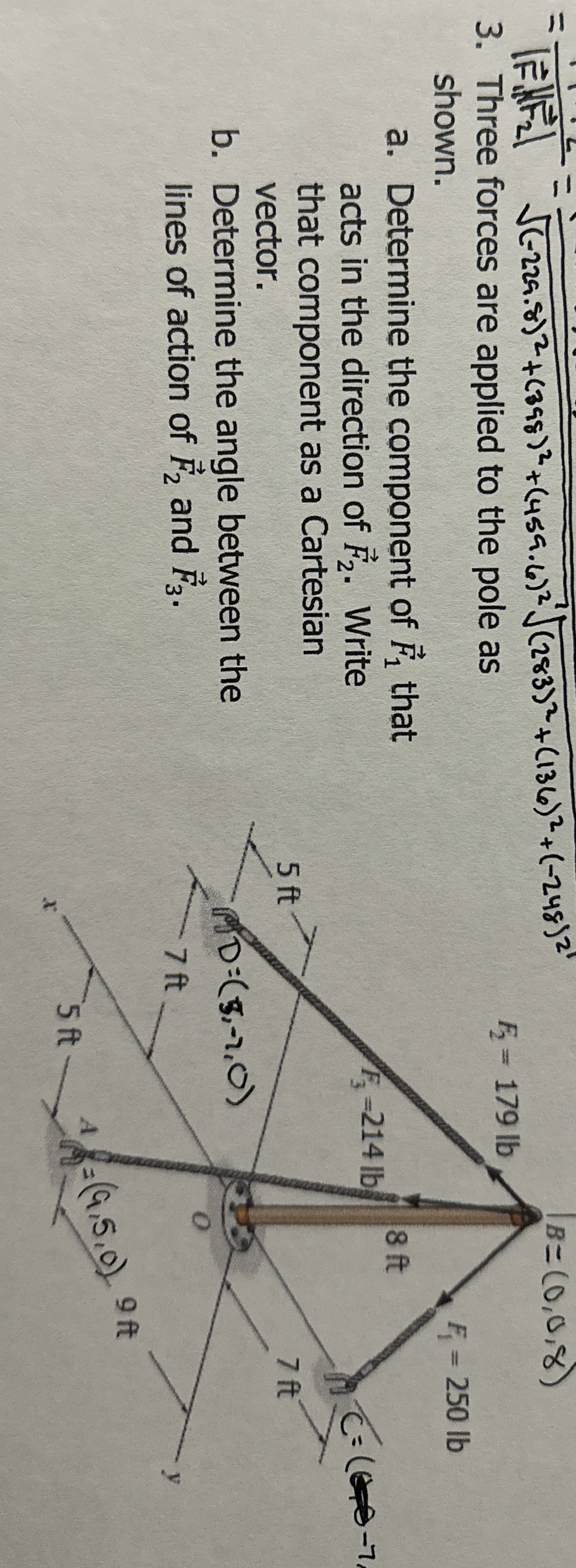 Three forces are applied to the pole as shown. a