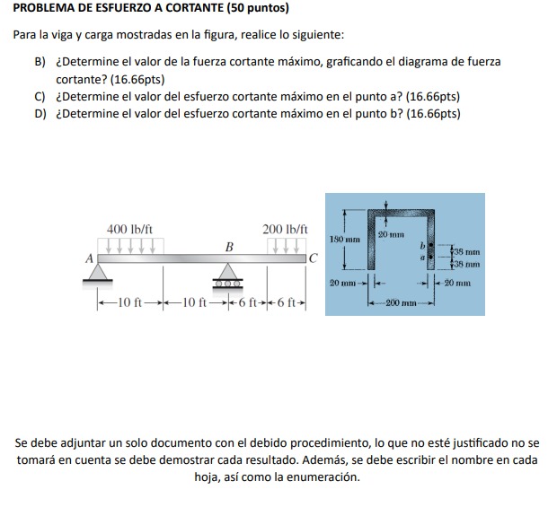 SHEAR STRESS PROBLEM ( 5 0 points ) For the beam