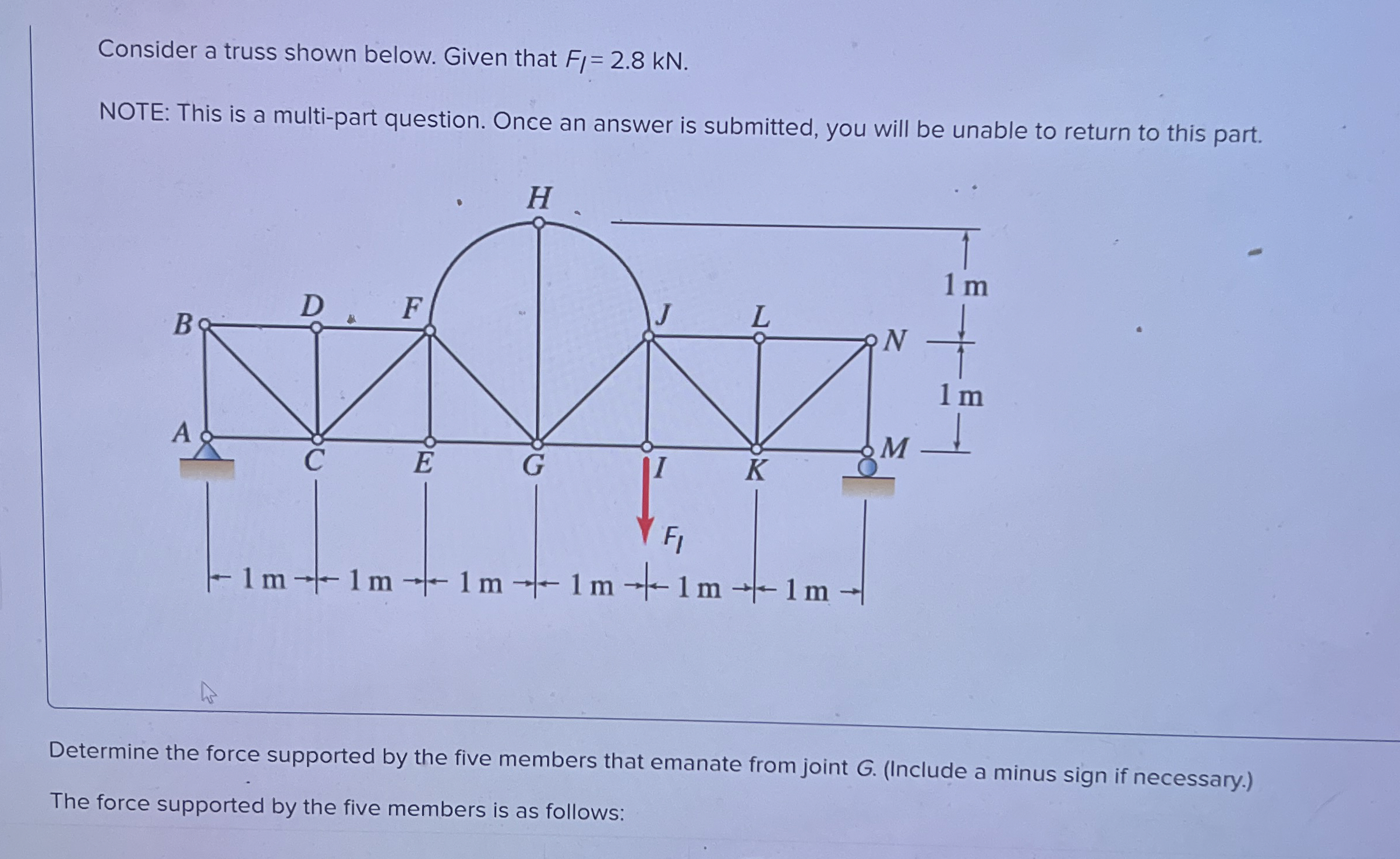 Consider a truss shown below. Given that F l = 2