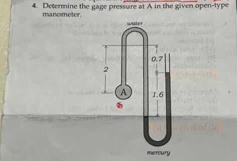 Determine the gage pressure at A in the given