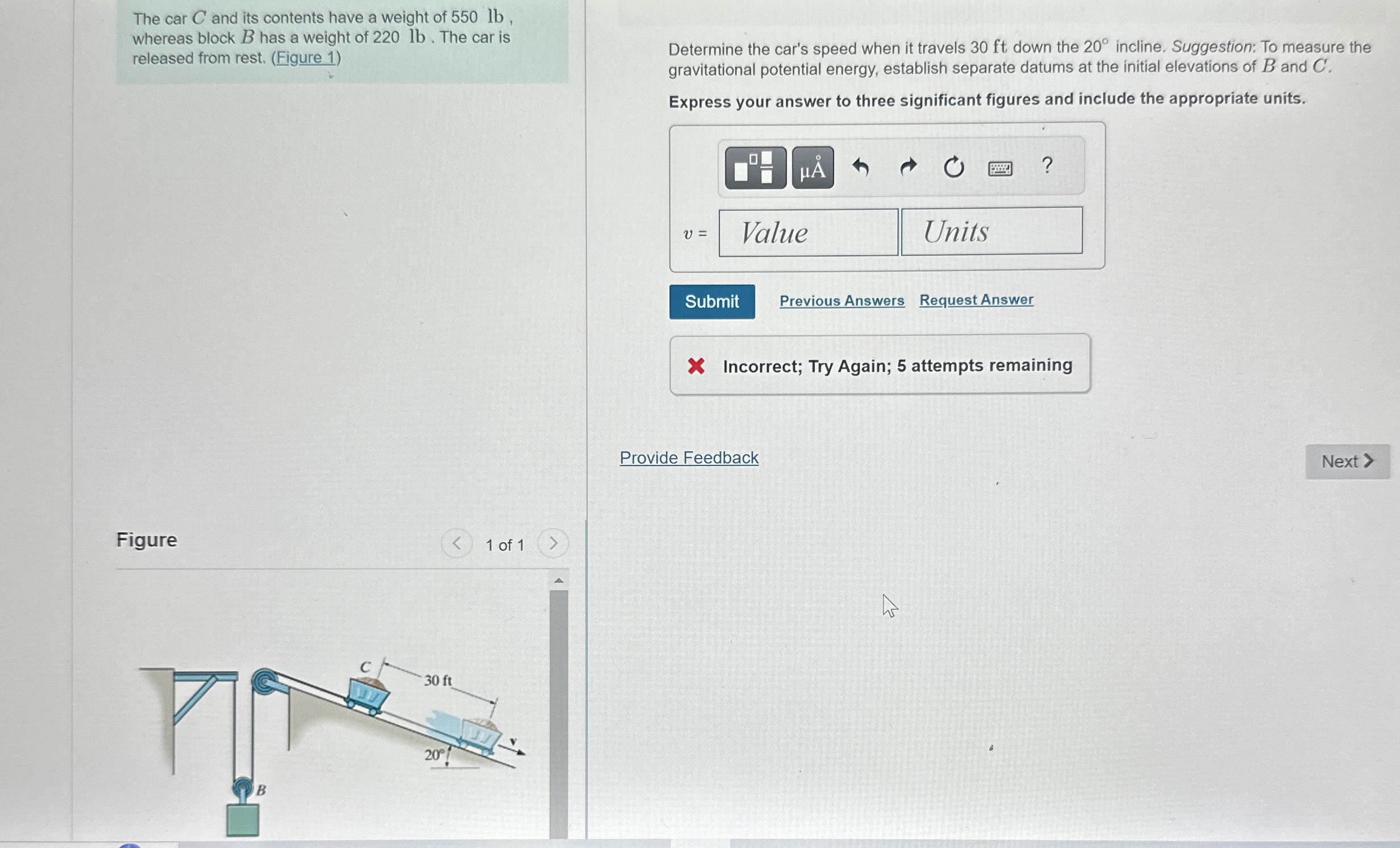 The car C and its contents have a weight of 5 5 0