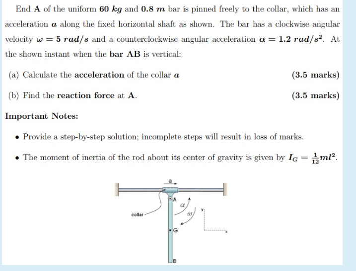End A of the uniform 6 0 kg and 0 . 8 m bar is