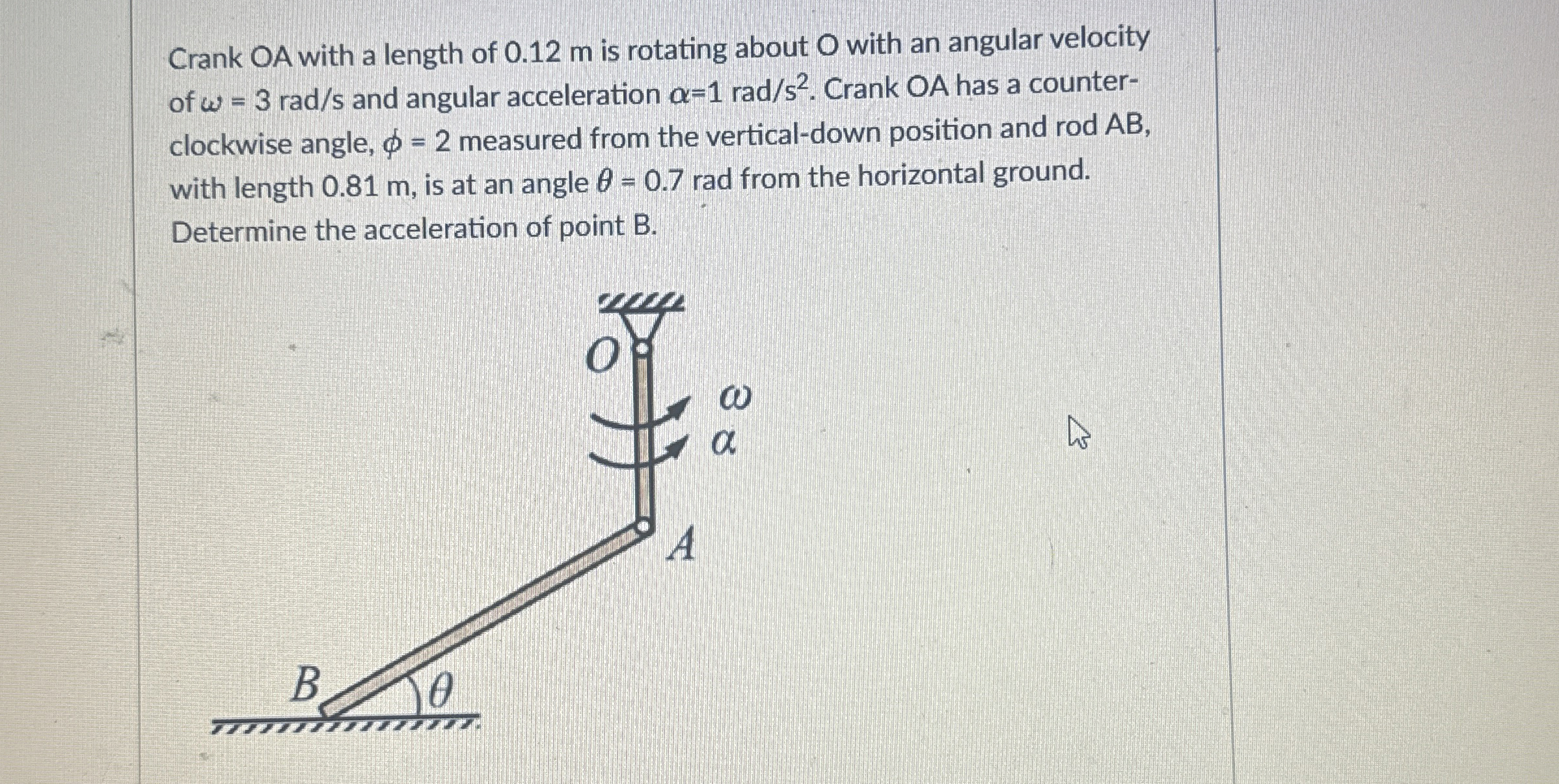 Crank O A with a length of 0 . 1 2 m is rotating
