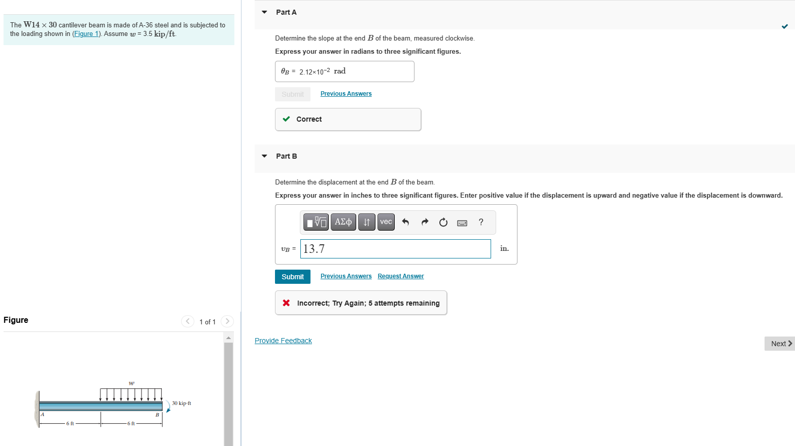 The W 1 4 \ ( \ times 3 0 \ ) cantilever beam is