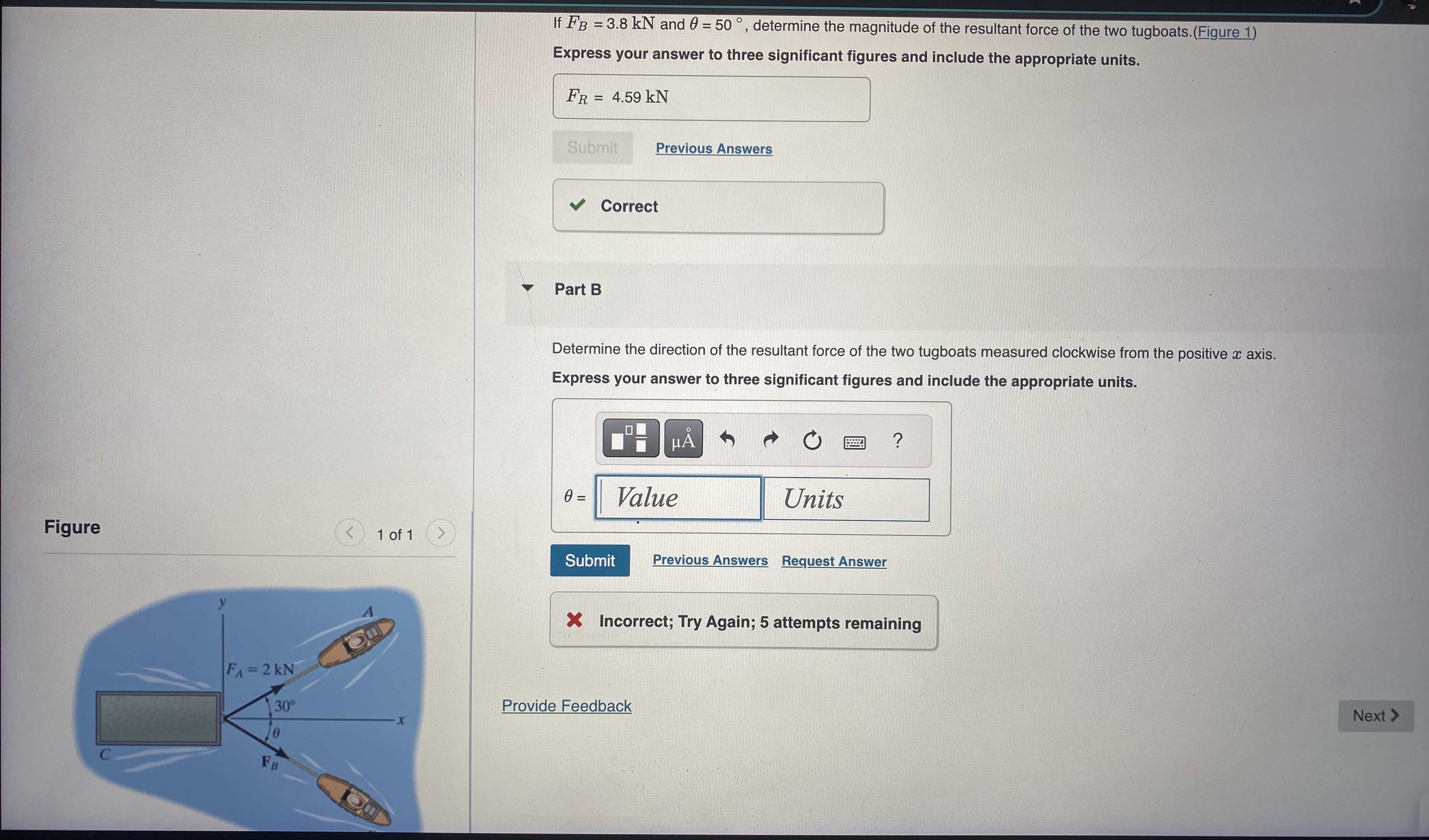 If F B = 3 . 8 k N and = 5 0 , determine the