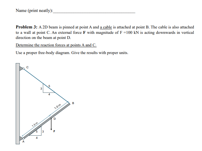 Problem 3 : A 2 D beam is pinned at point A and a