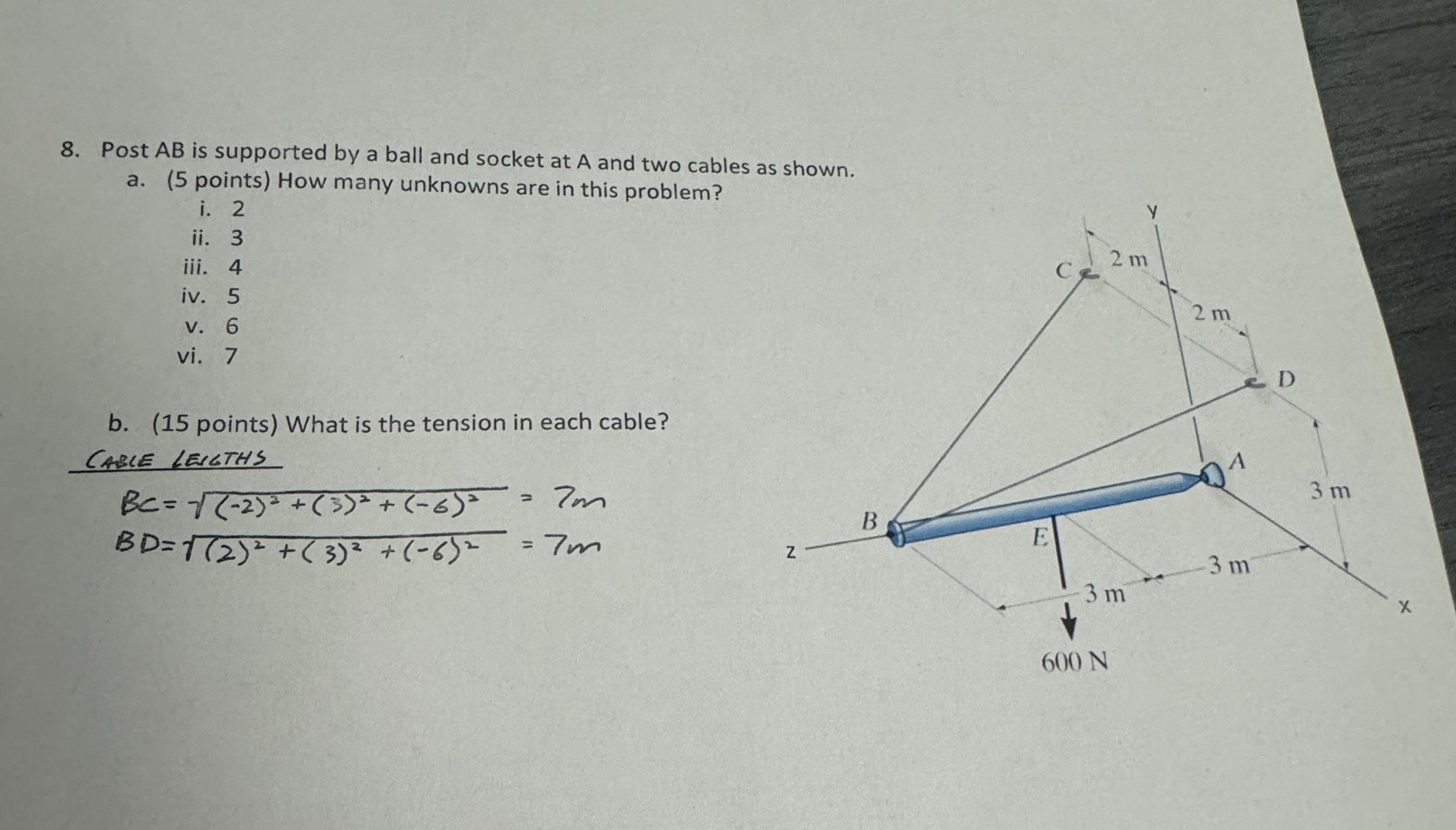 Post A B is supported by a ball and socket at A