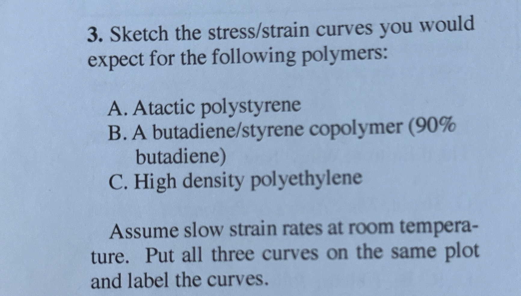 Sketch the stress / strain curves you would