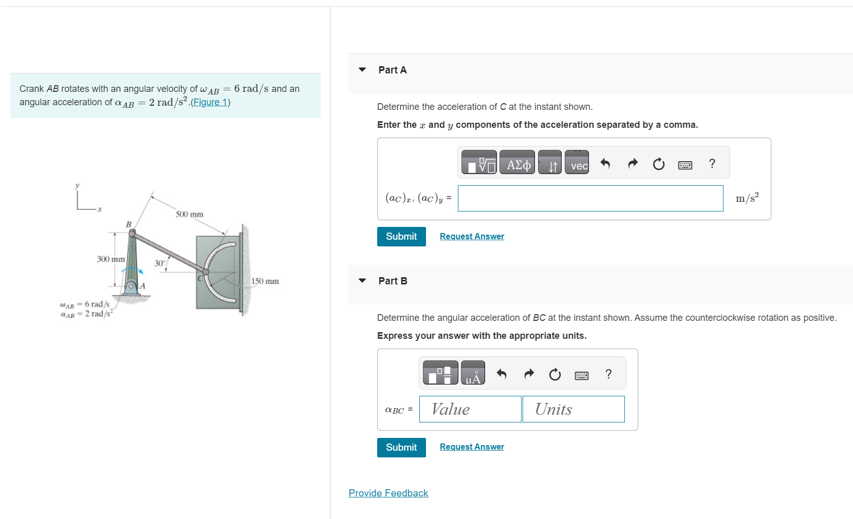 Crank AB rotates with an angular velocity of \