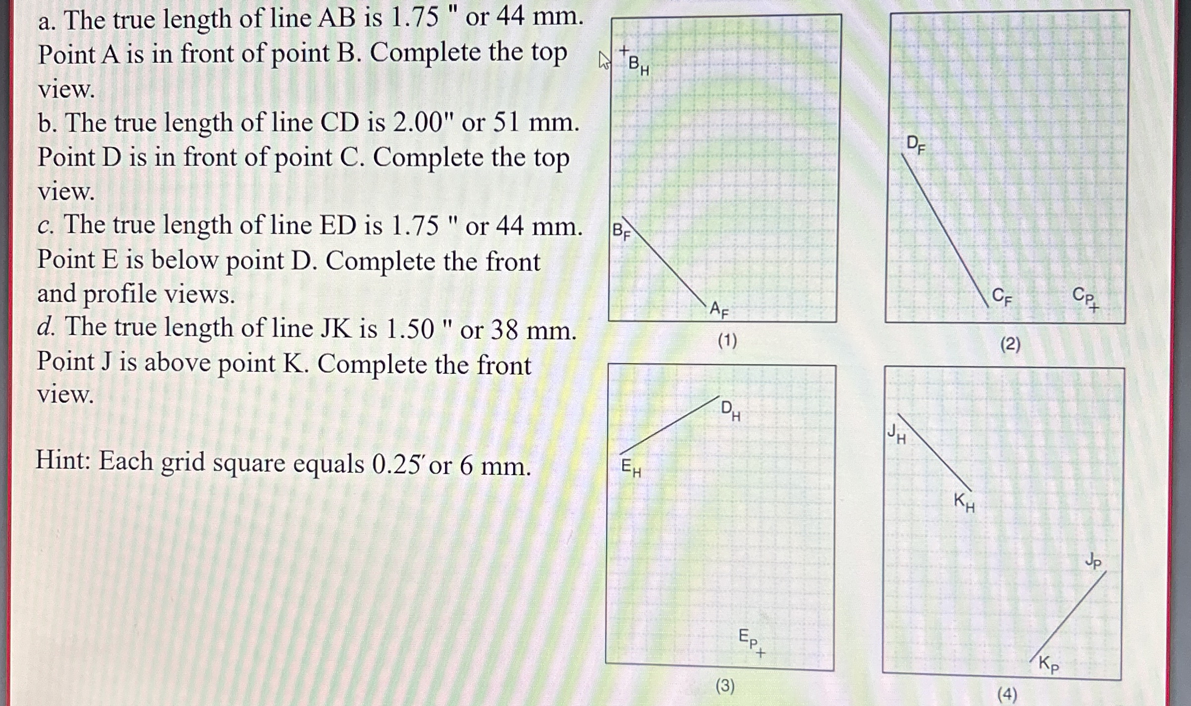 a . The true length of line A B is 1 . 7 5 ' ' or