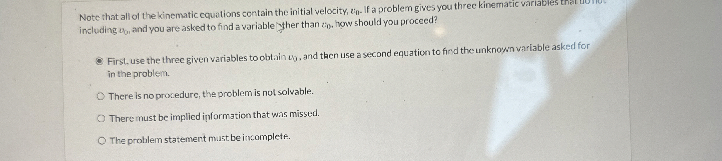A kinematics phom asks for the value of the
