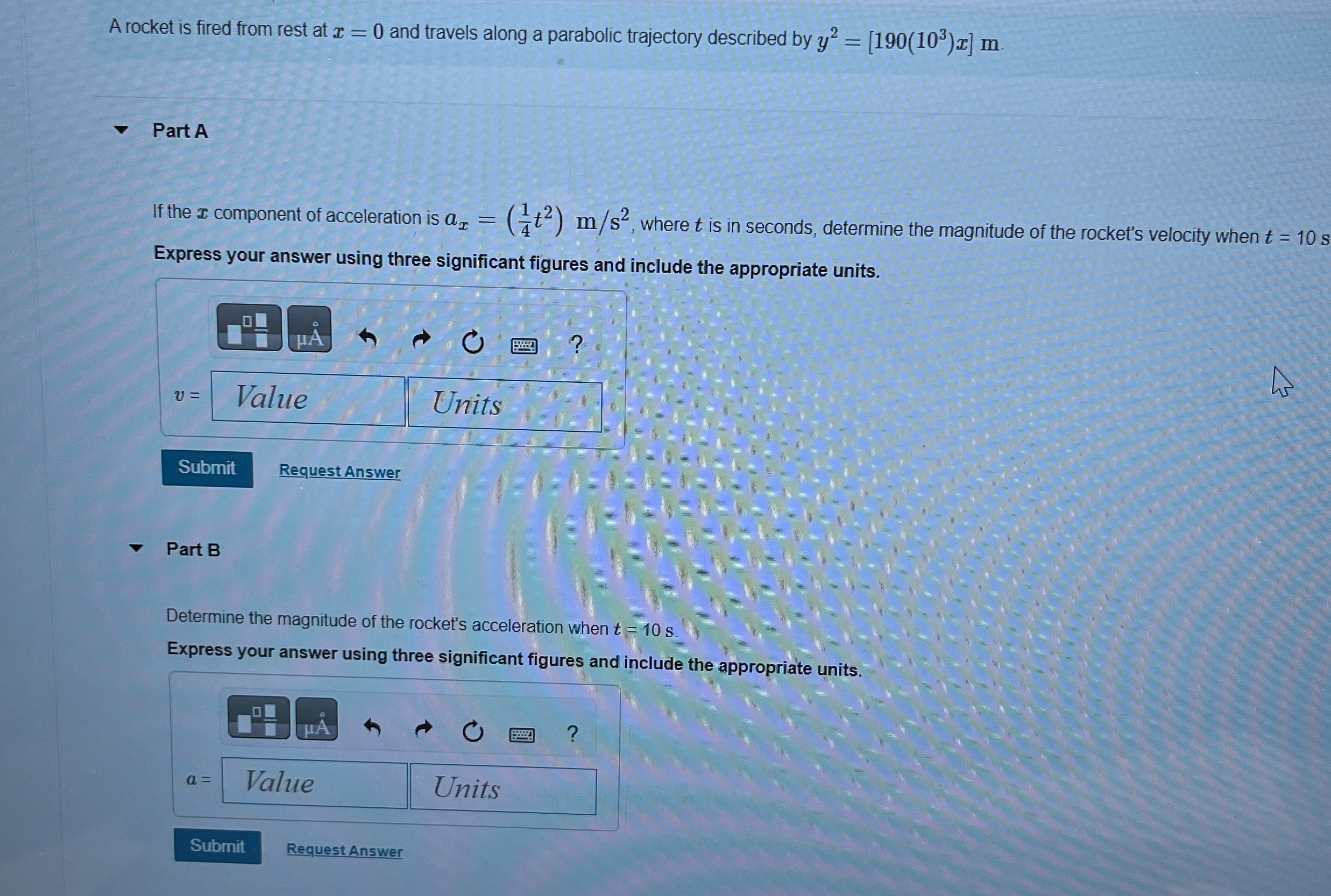 A rocket is fired from rest at x = 0 and travels