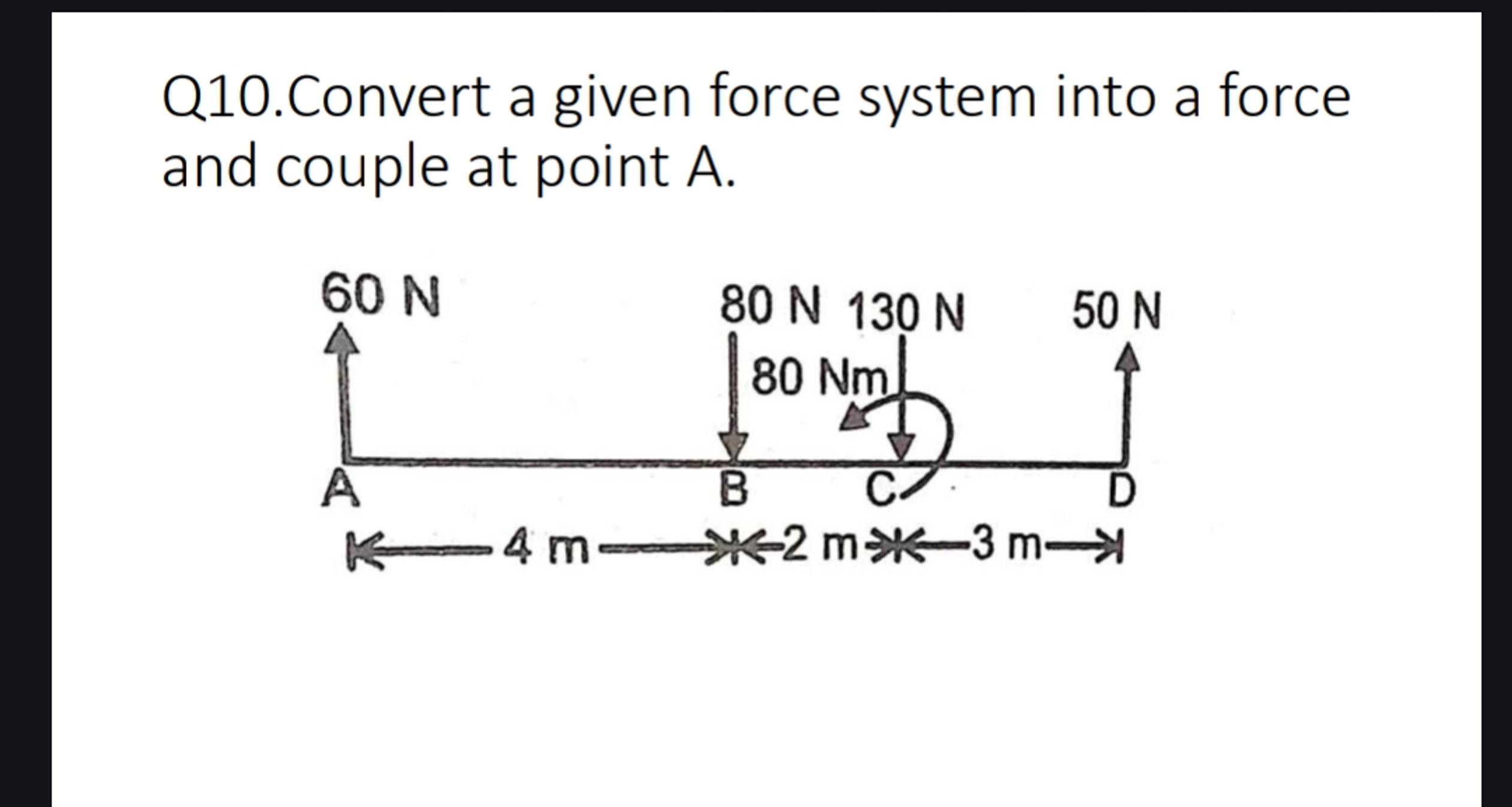Q 1 0 . Convert a given force system into a force