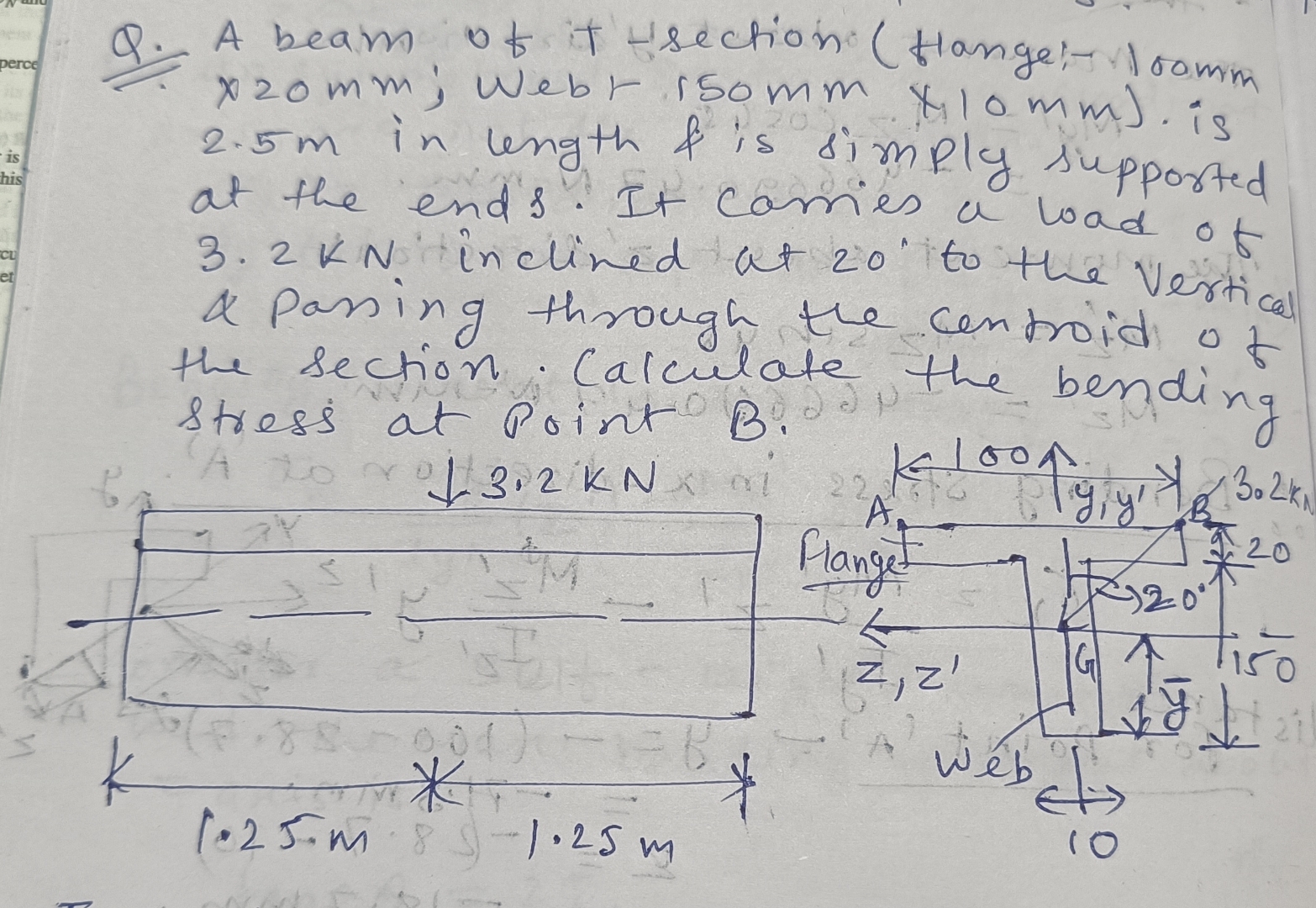 Q . A beam of it T section ( flange: - 1 0 0 mm 2