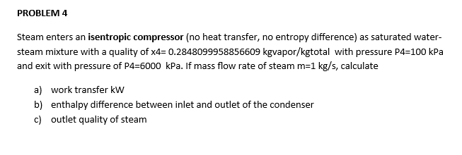 PROBLEM 4 Steam enters an isentropic compressor (