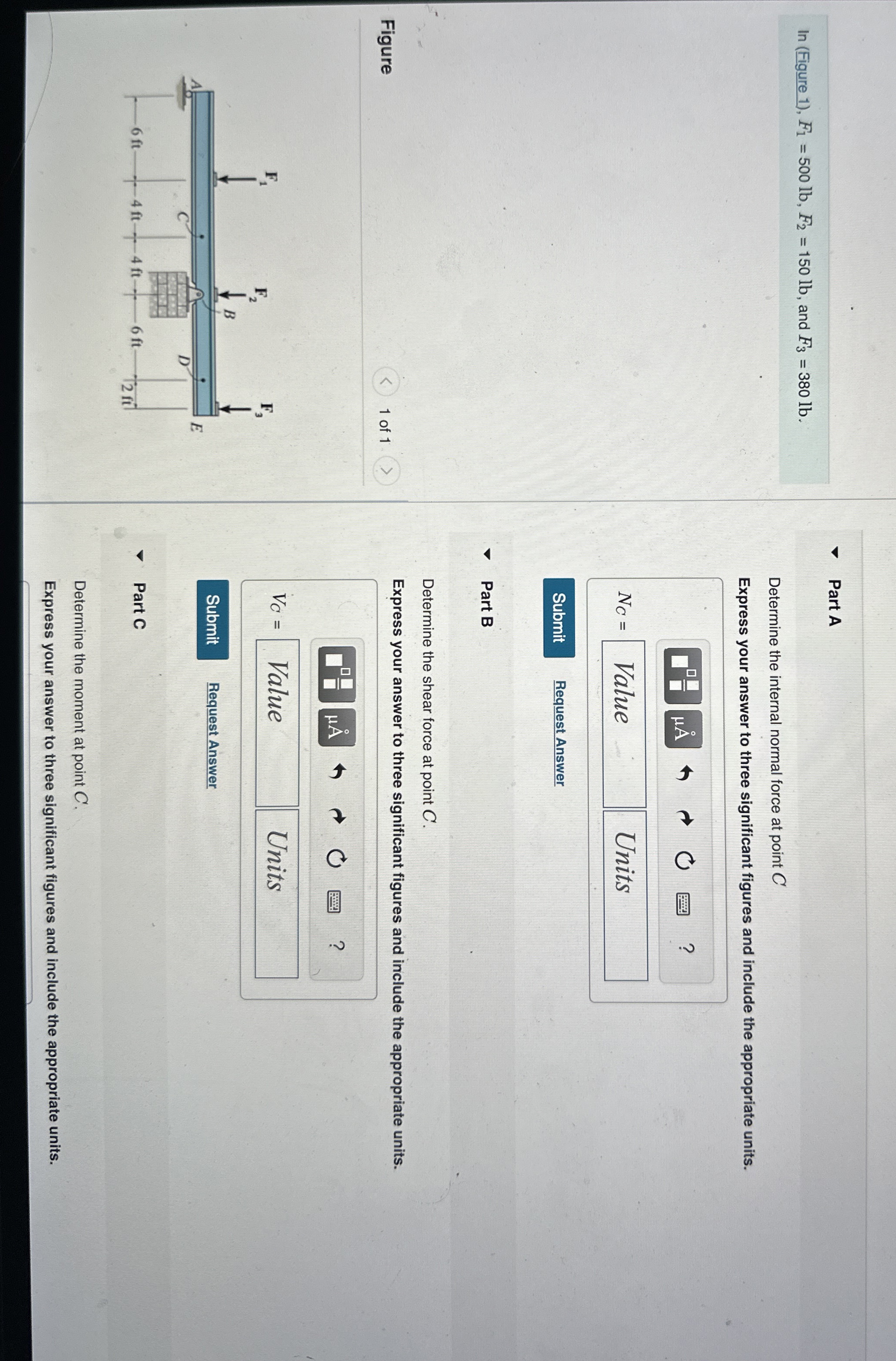 l n ( Figure 1 ) , F 1 = 5 0 0 l b , F 2 = 1 5 0