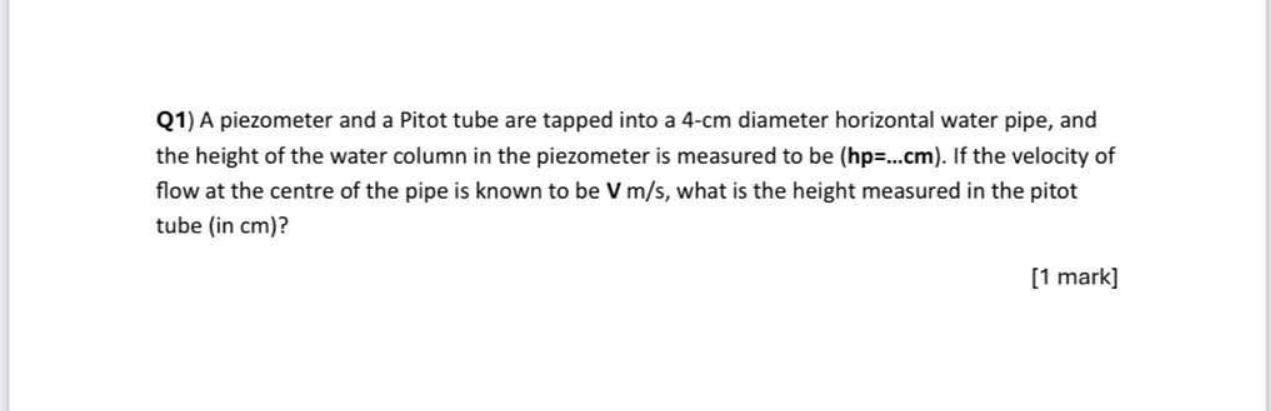 Q 1 ) A piezometer and a Pitot tube are tapped