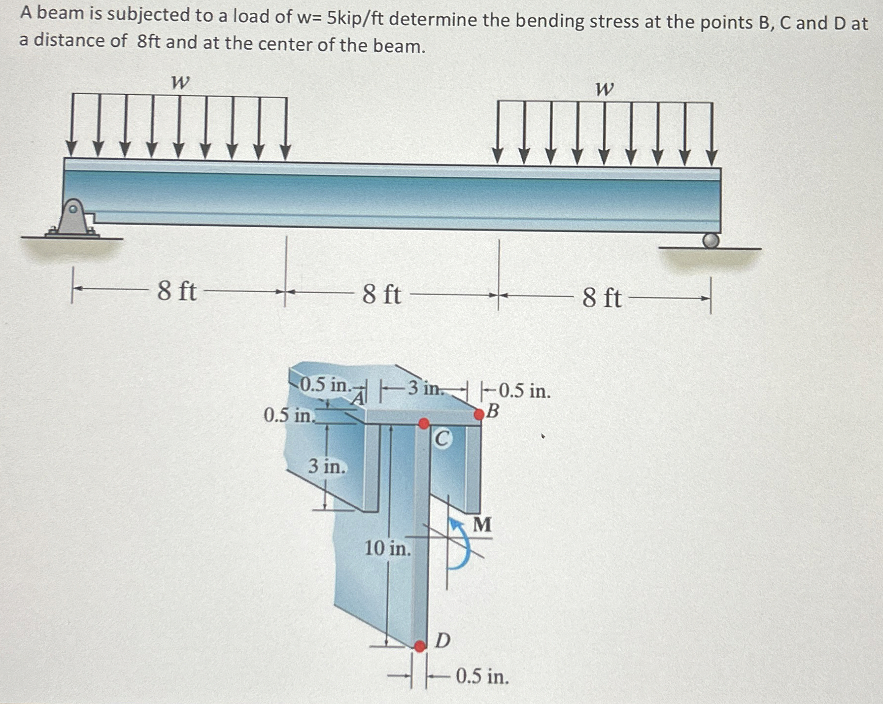 A beam is subjected to a load of w = 5 k i p f t