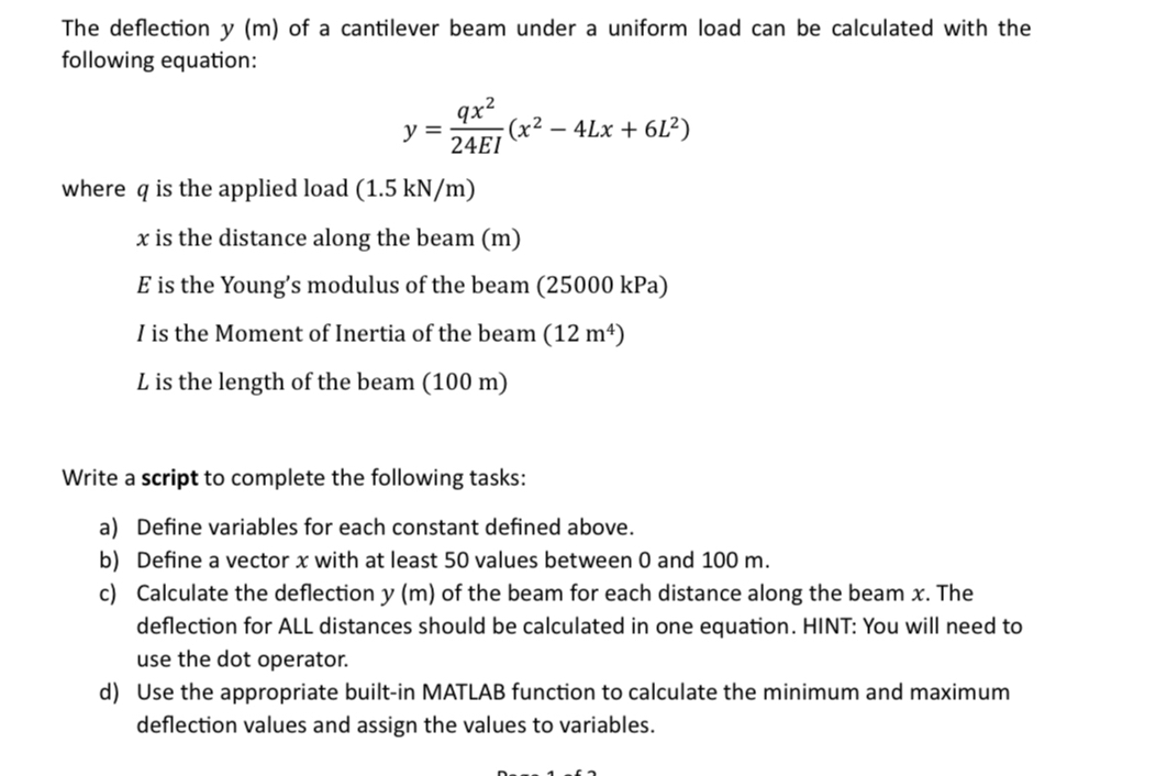 The deflection y ( m ) of a cantilever beam under