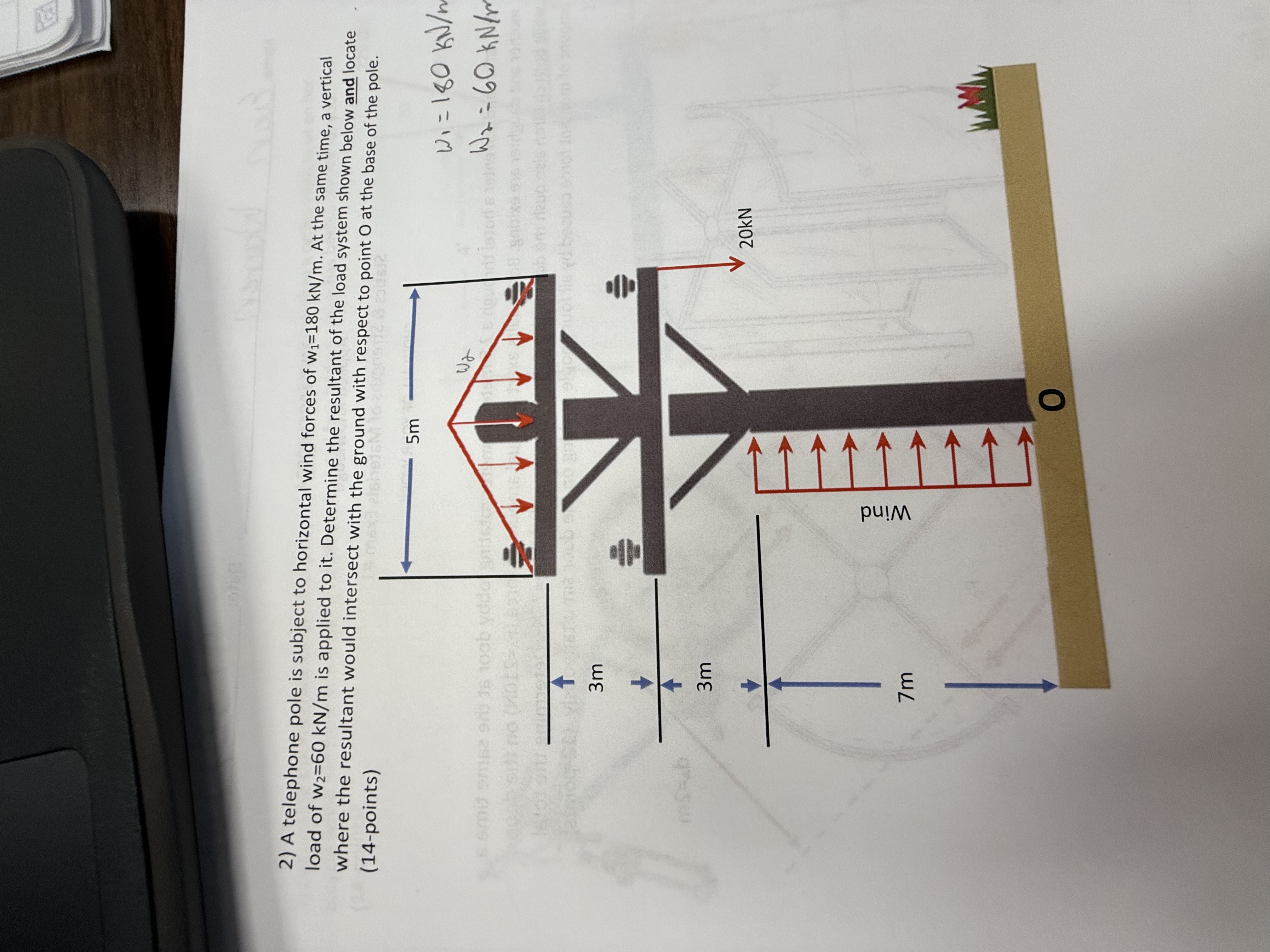 A telephone pole is subject to horizontal wind