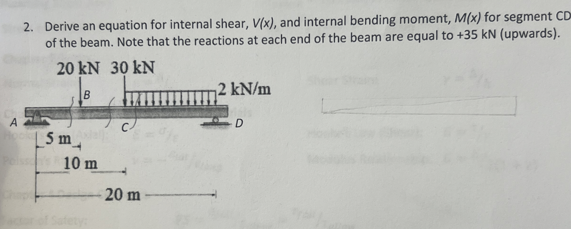 Derive an equation for internal shear, V ( x ) ,