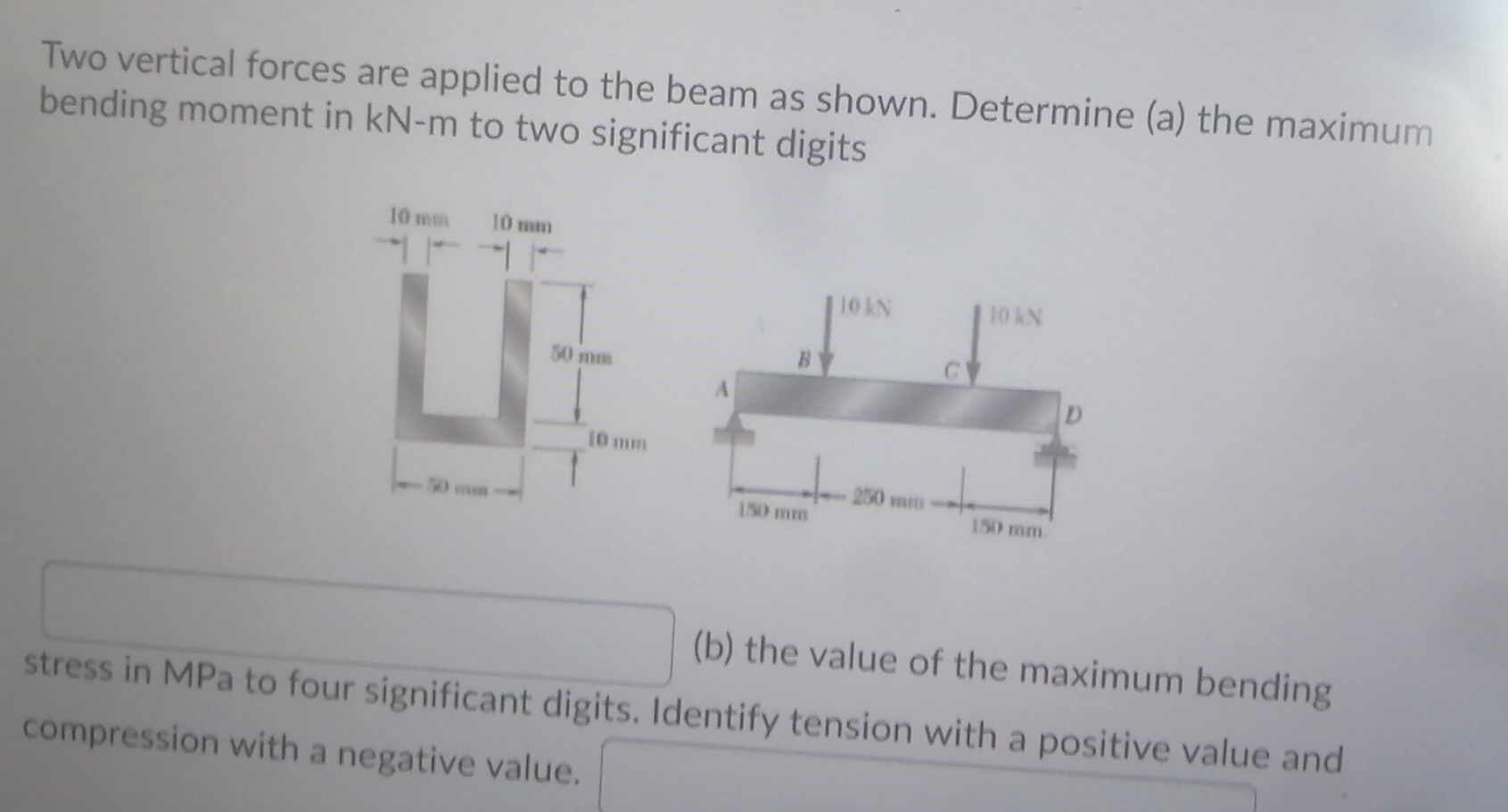 Two vertical forces are applied to the beam as
