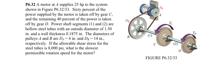 P 6 . 3 2 A motor at A supplies 2 5 hp to the