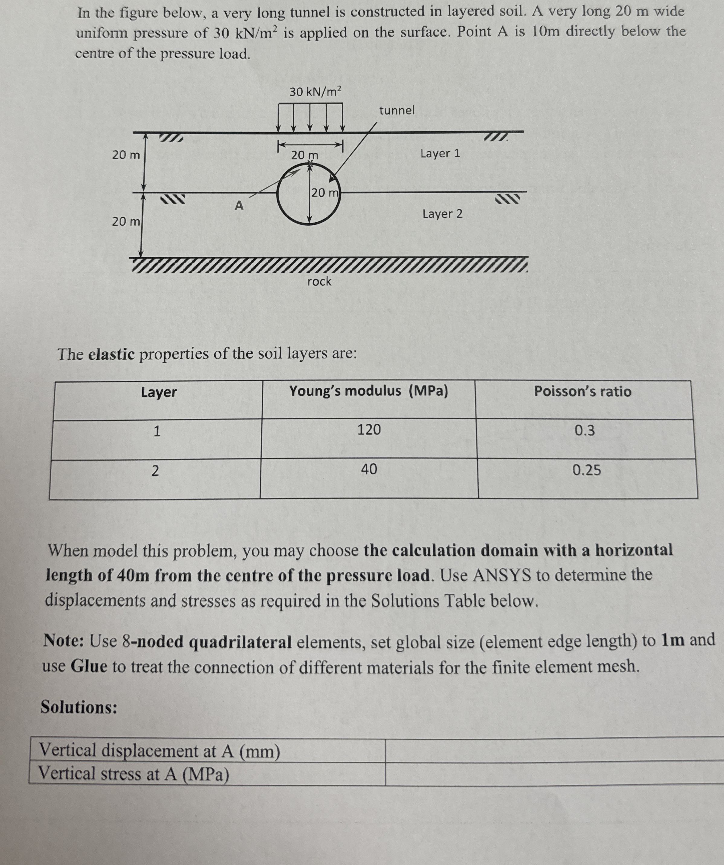 The elastic properties of the soil layers are: