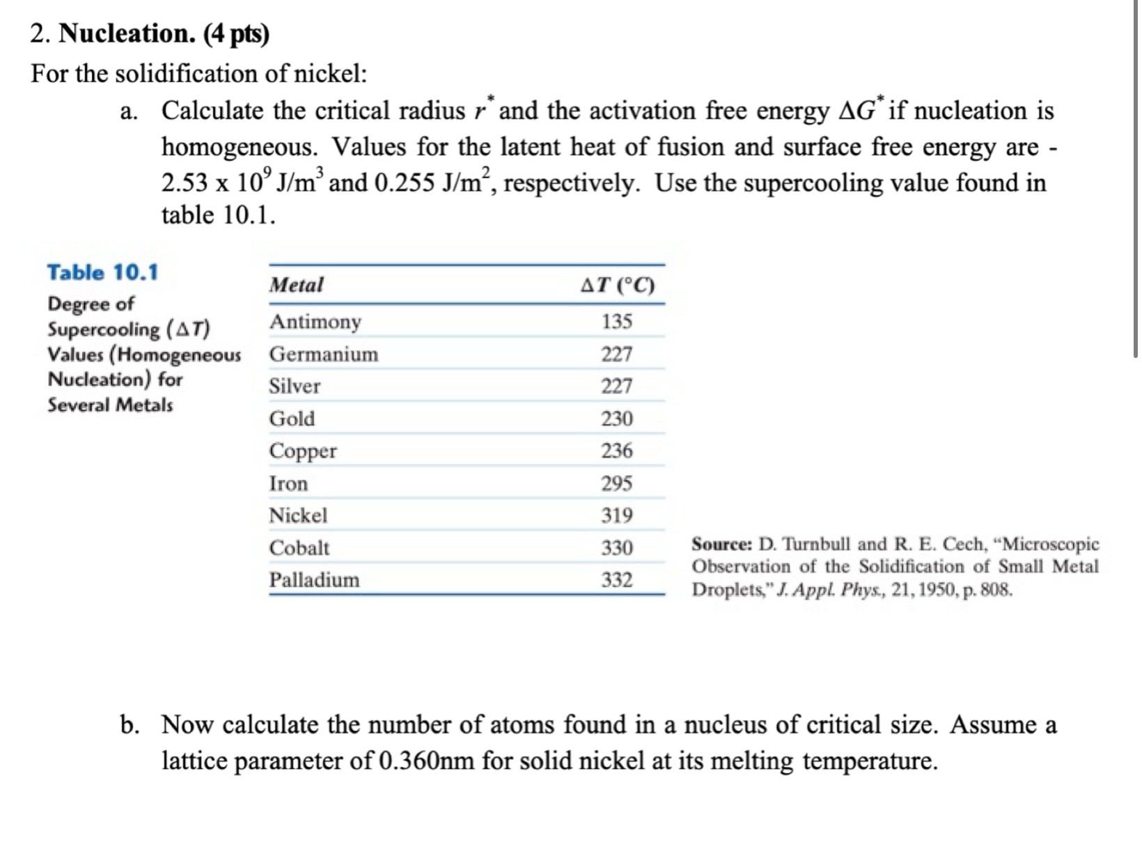 Nucleation. ( 4 pts ) For the solidification of