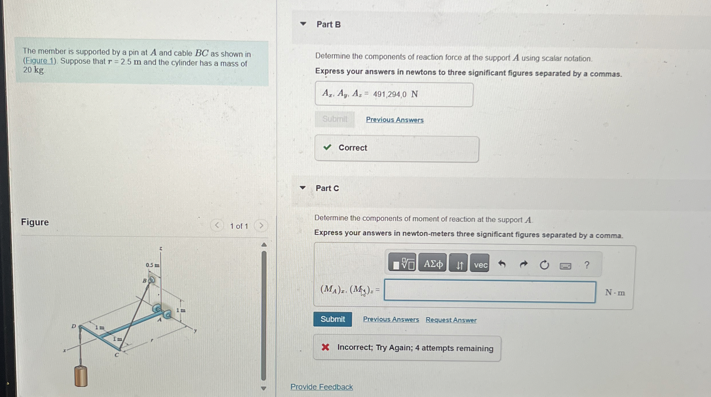 The member is supported by a pin at A and cable B