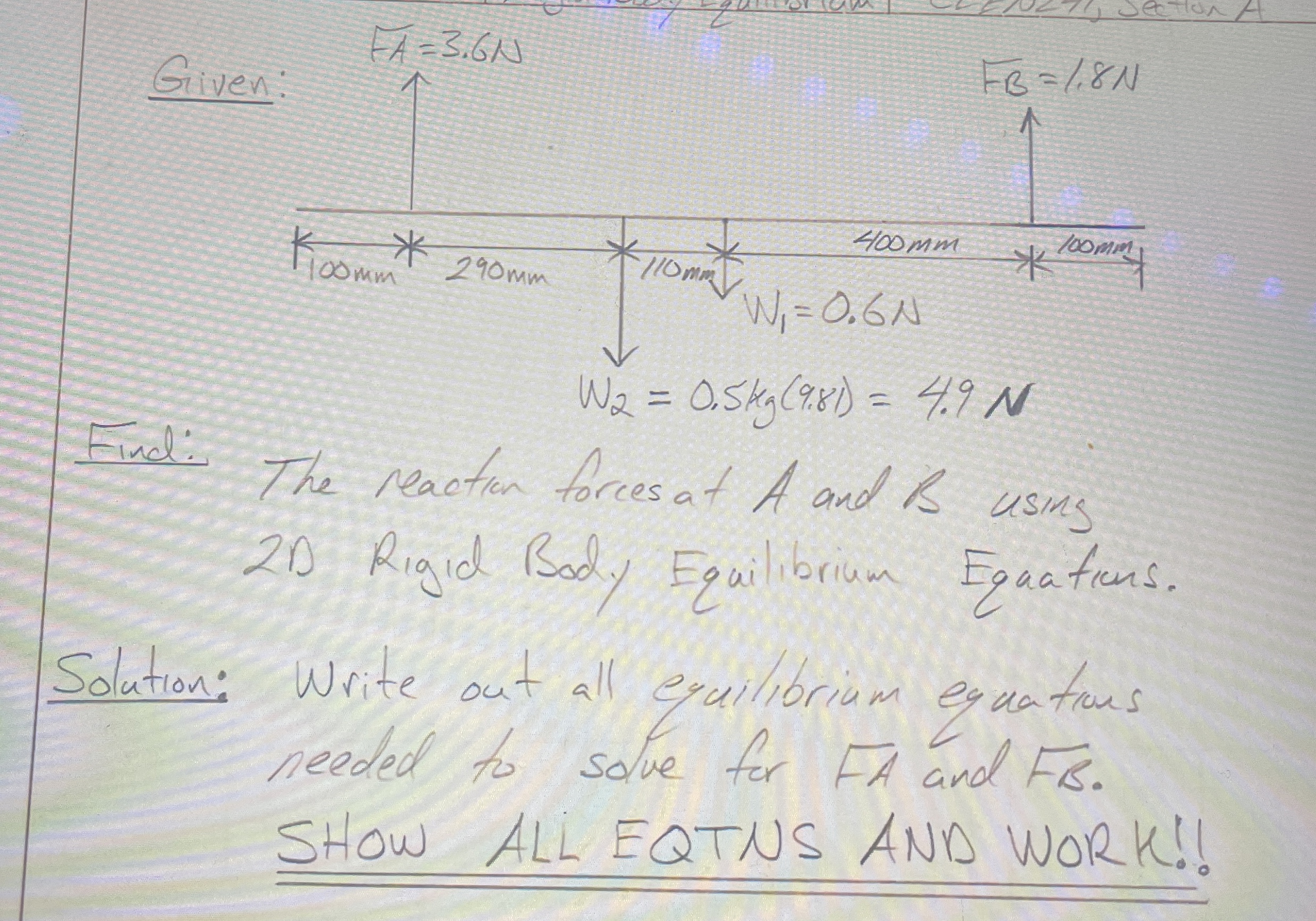 Given: Find: The reaction forcesat A and B using
