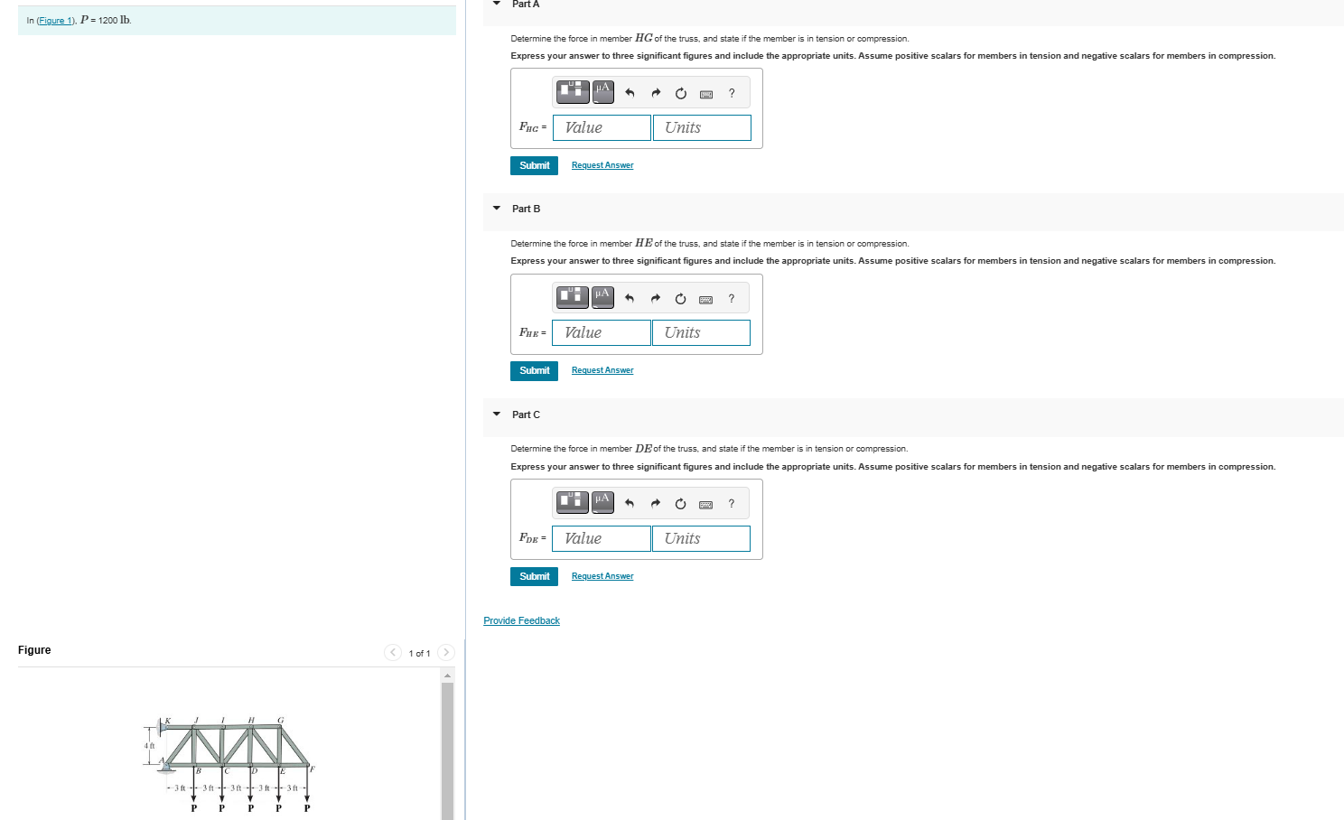 P = 1 2 0 0 lb Find force in member HG , HE and