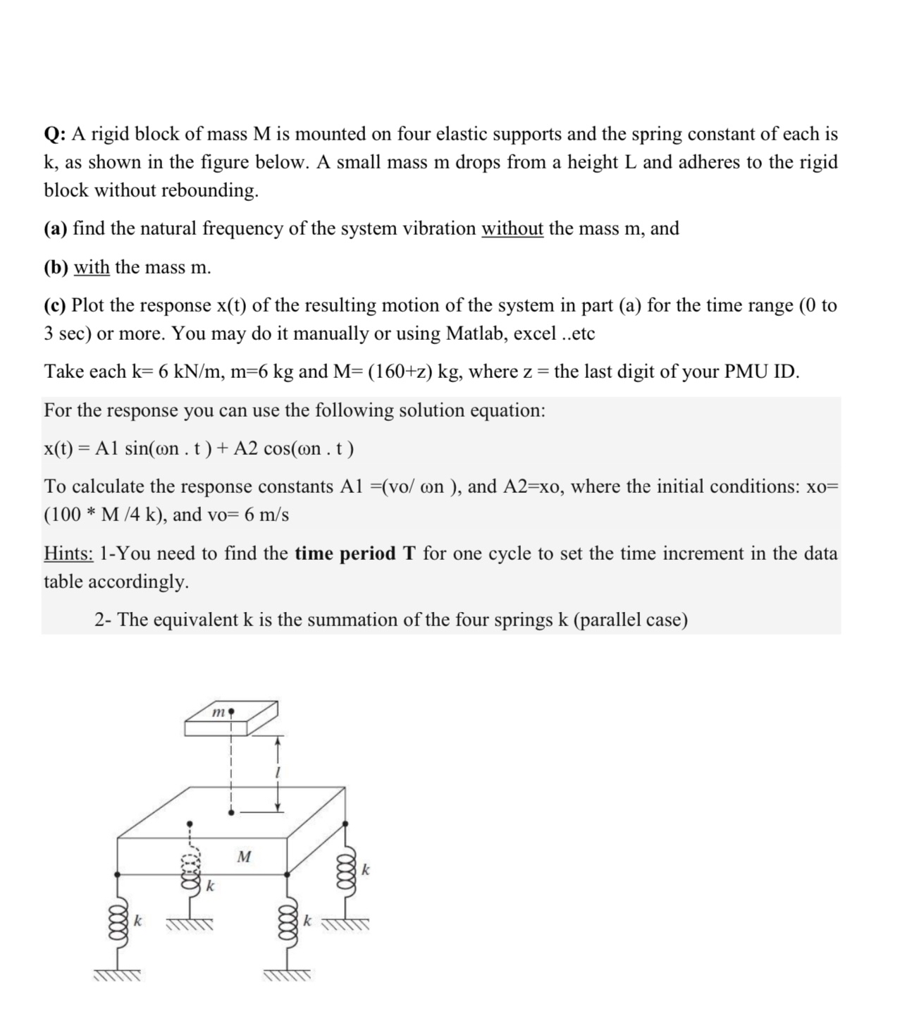 Q: A rigid block of mass M is mounted on four