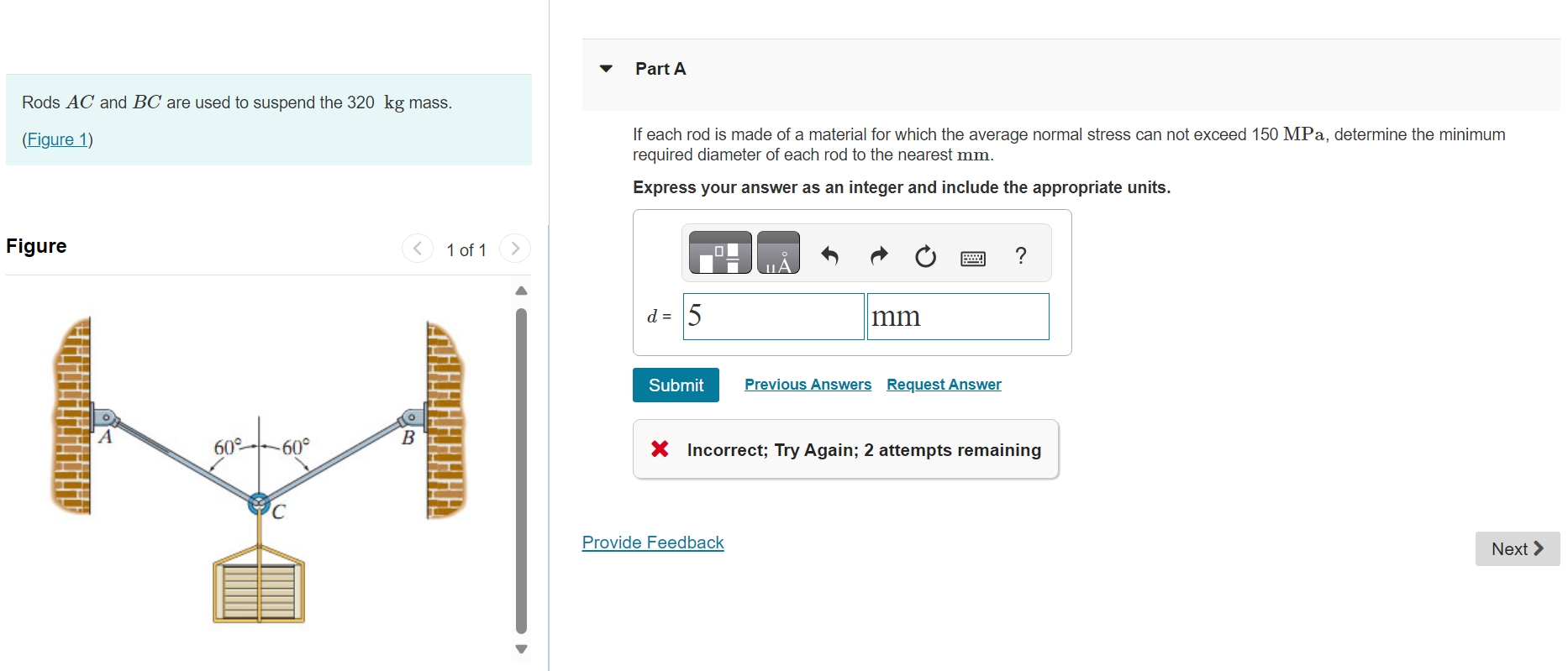 Rods \ ( A C \ ) and \ ( B C \ ) are used to