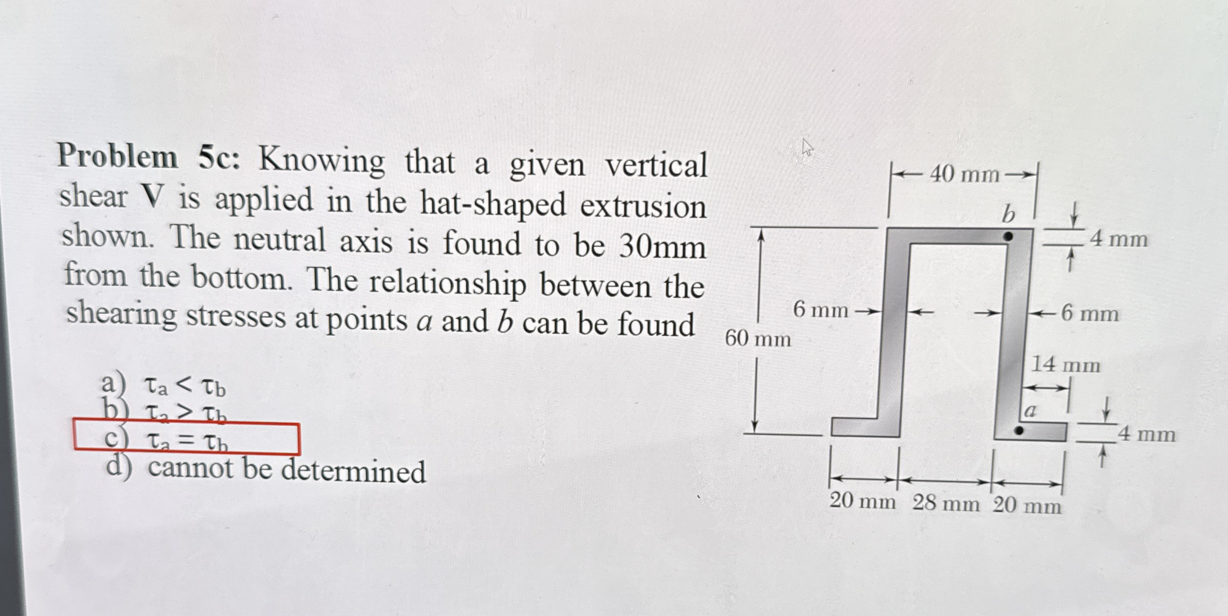 Problem 5 c: Knowing that a given vertical shear