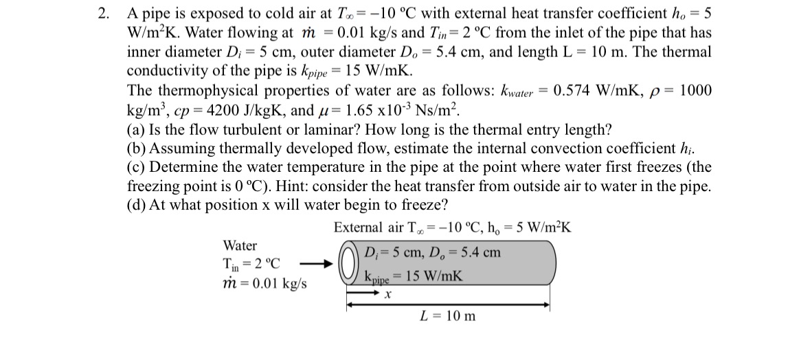 A pipe is exposed to cold air at T = - 1 0 C with