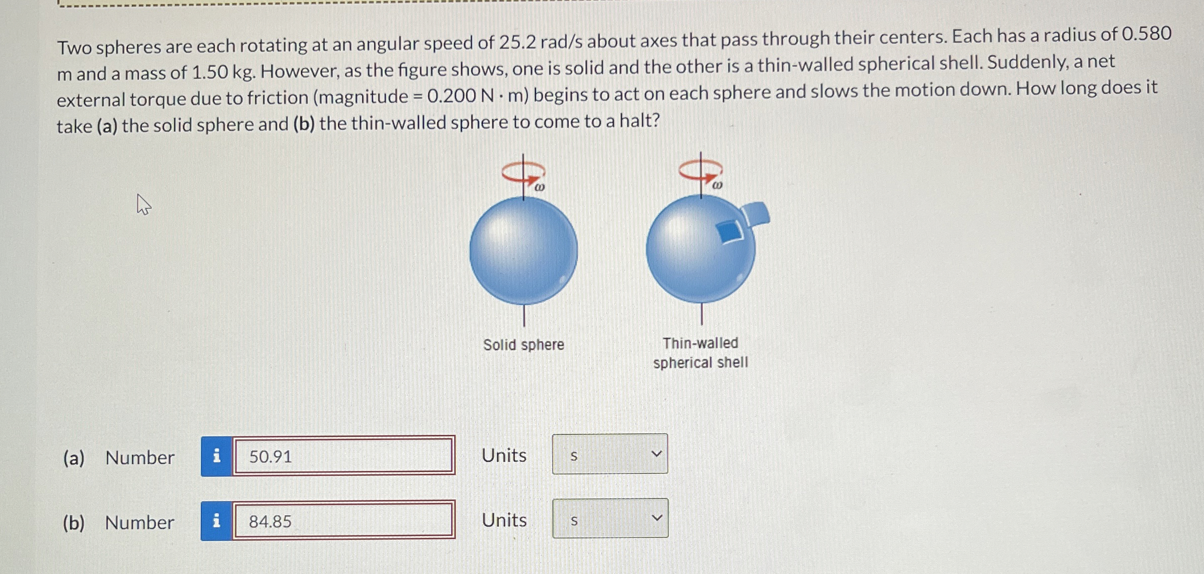 Two spheres are each rotating at an angular speed