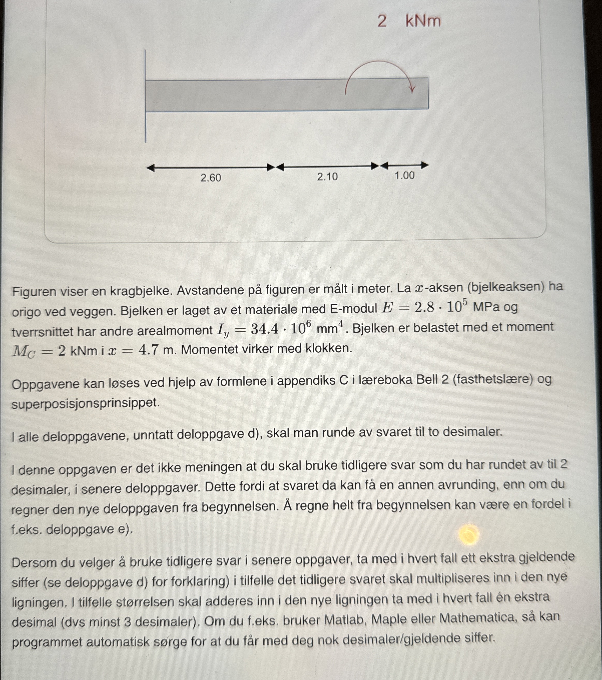 Figuren viser en kragbjelke. Avstandene p figuren