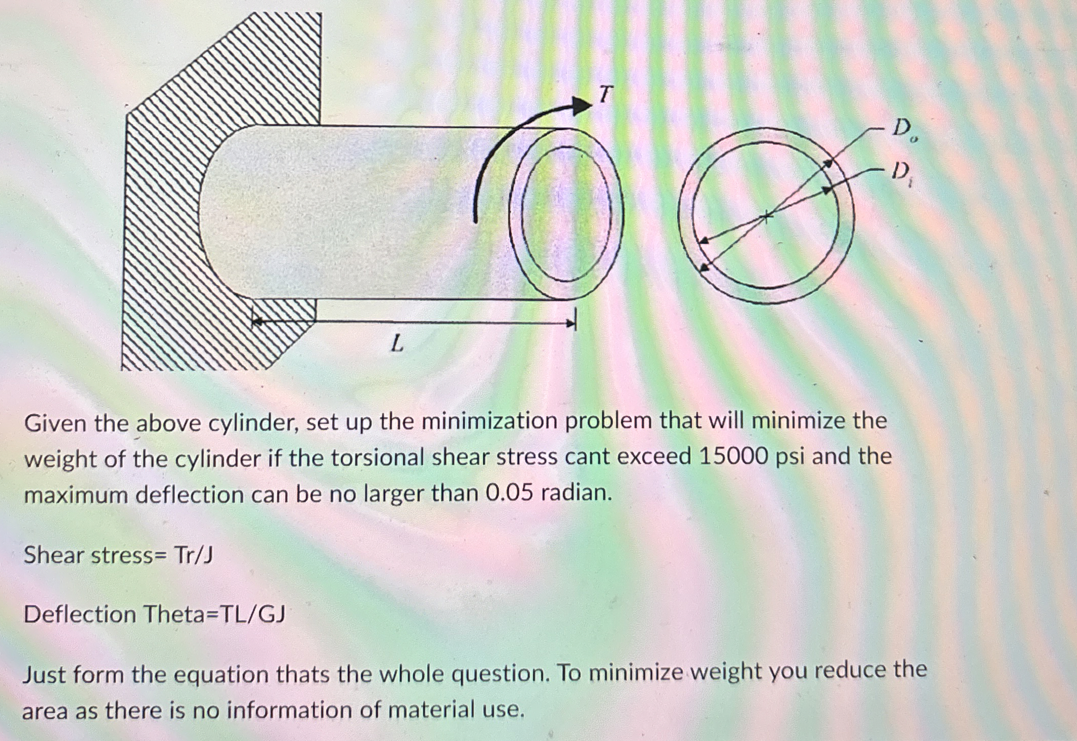 Given the above cylinder, set up the minimization