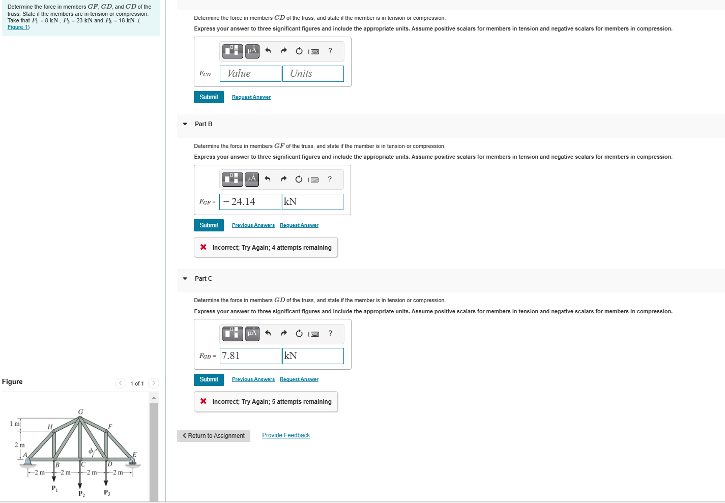 Determine the force in members GF , GD , and CD