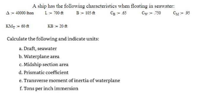A ship has the following characteristics when