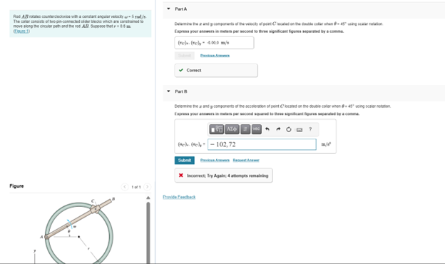 Rod ABAB rotates counterclockwise with a constant