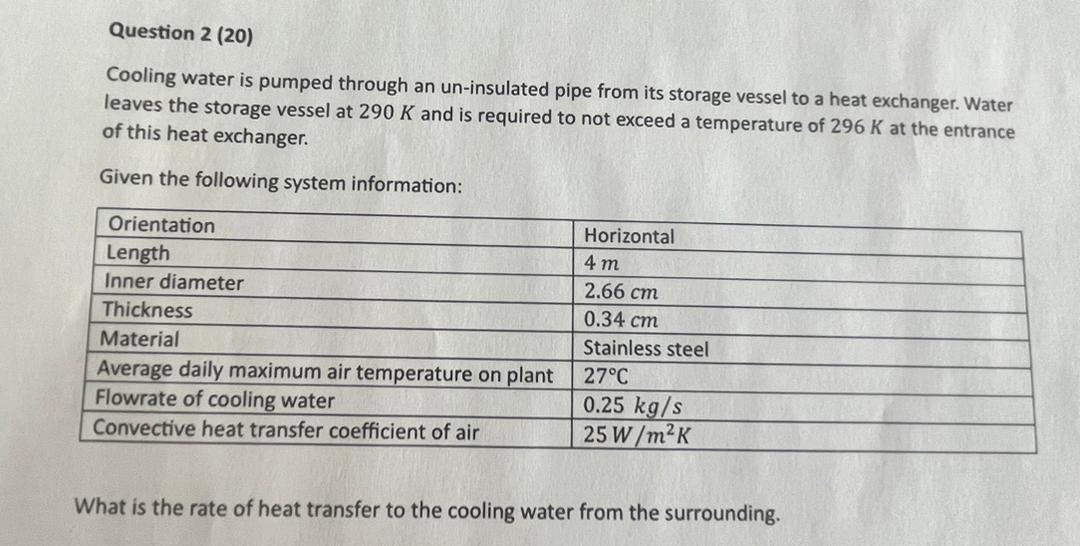 Question 2 ( 2 0 ) Cooling water is pumped