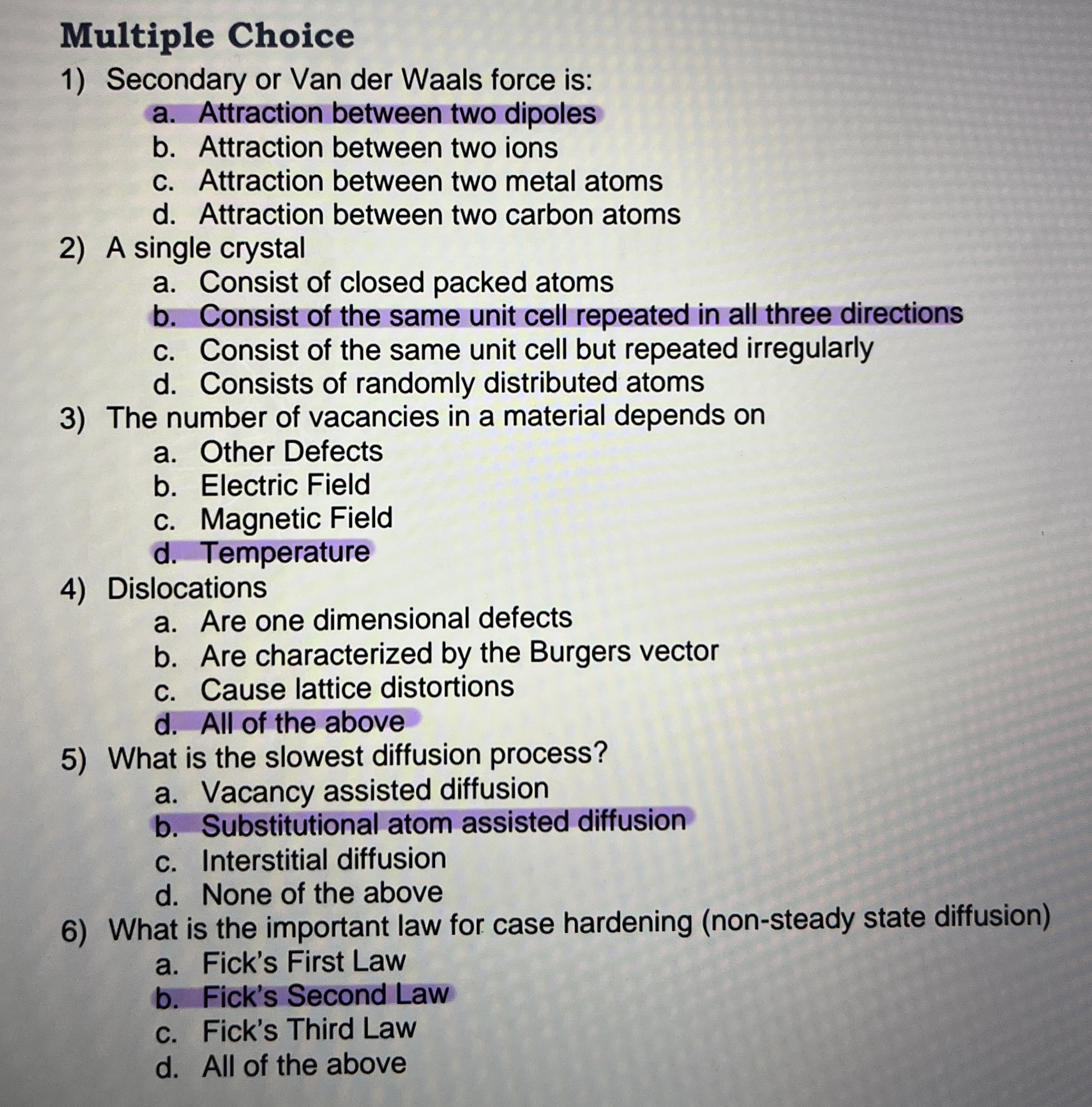 Multiple Choice What are the correct answers to