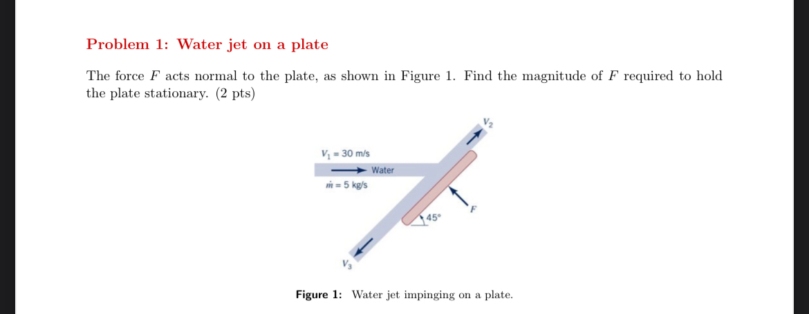 Problem 1 : Water jet on a plate The force F acts