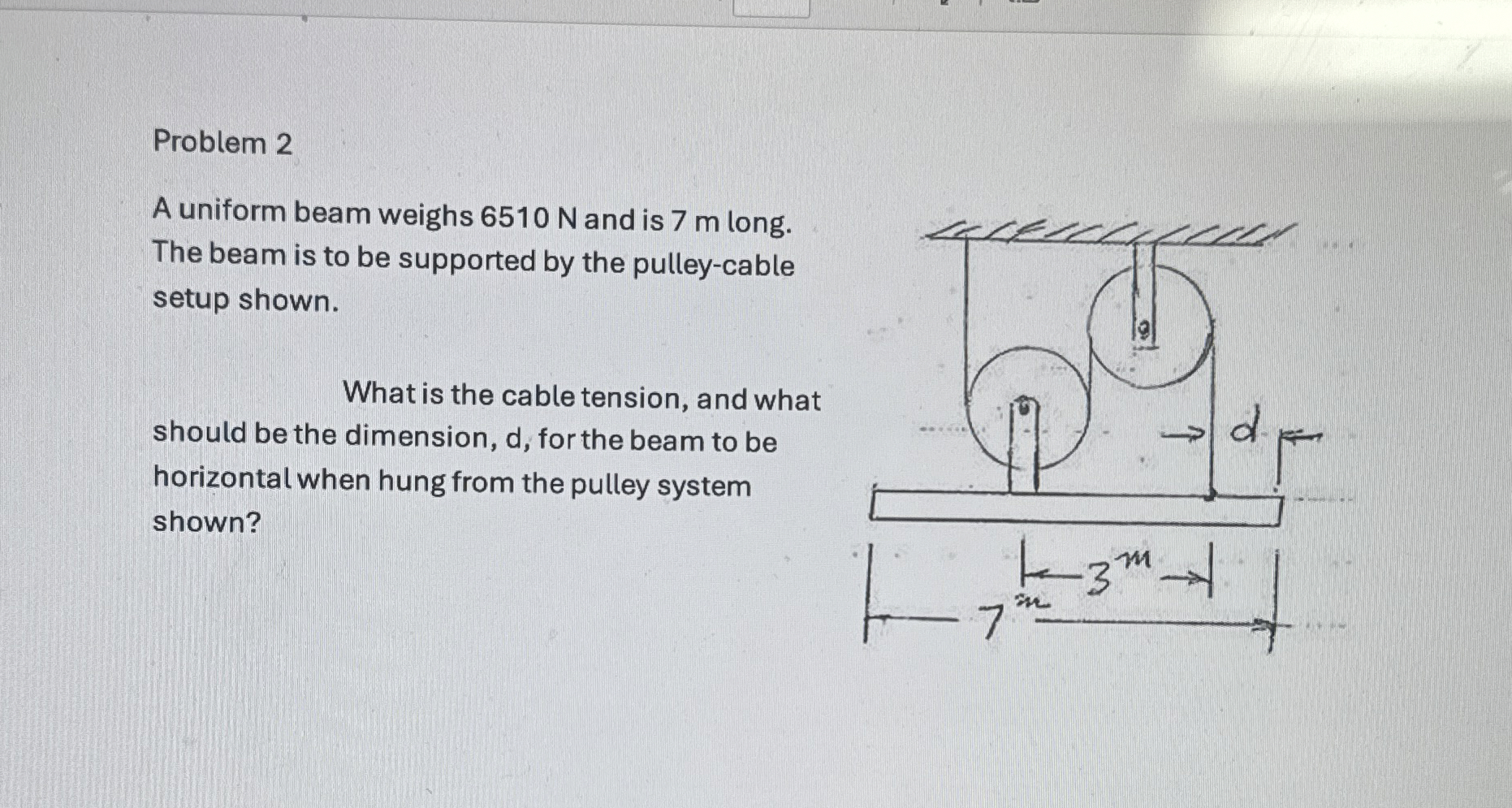 Problem 2 A uniform beam weighs 6 5 1 0 N and is