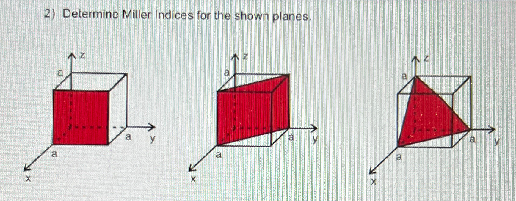 Determine Miller Indices for the shown planes.
