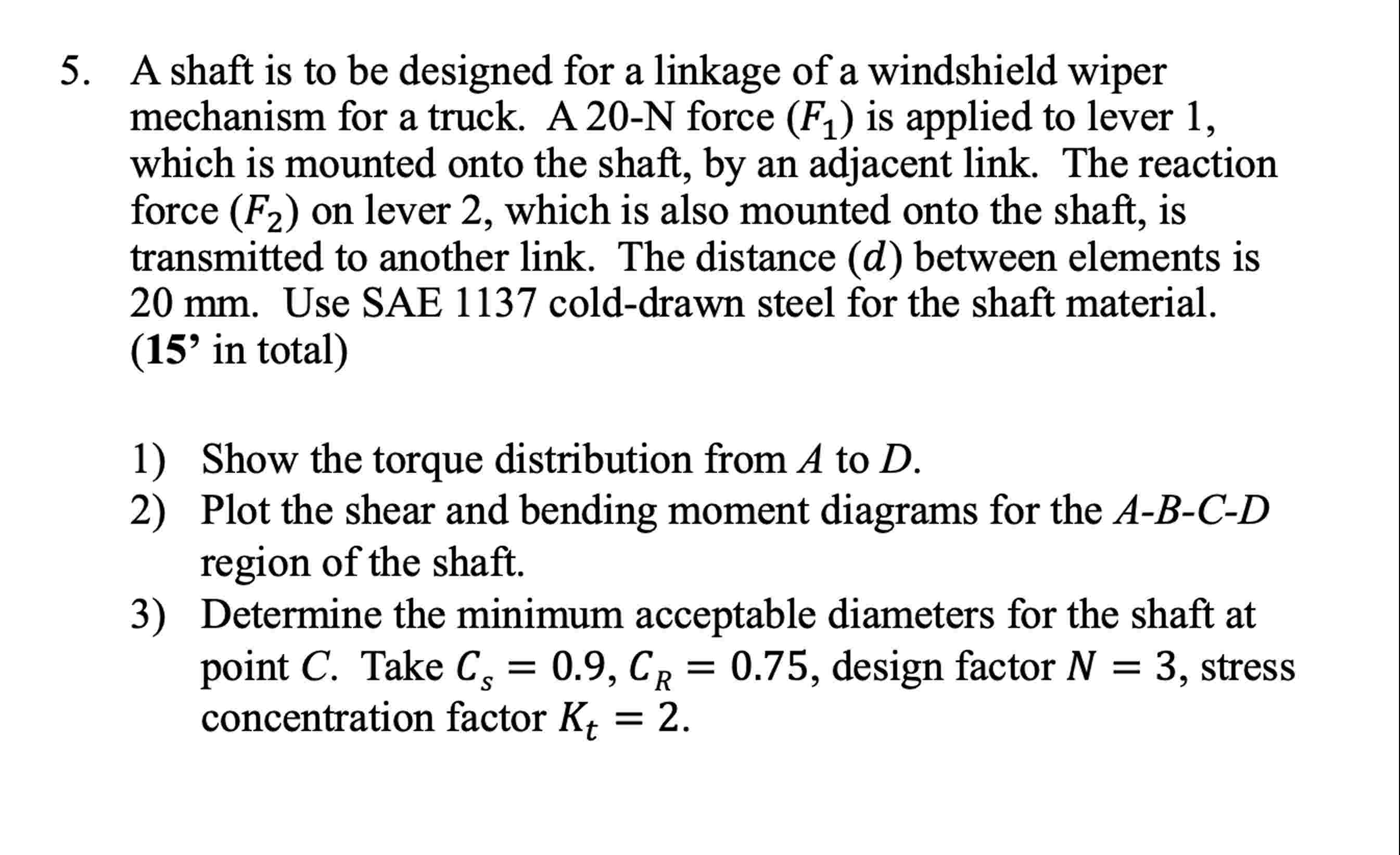 A shaft is to be designed for a linkage of a