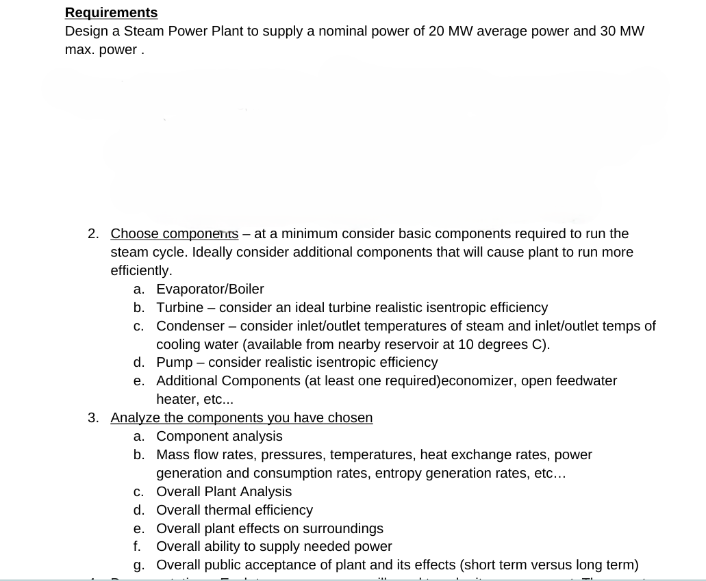 Requirements Design a Steam Power Plant to supply