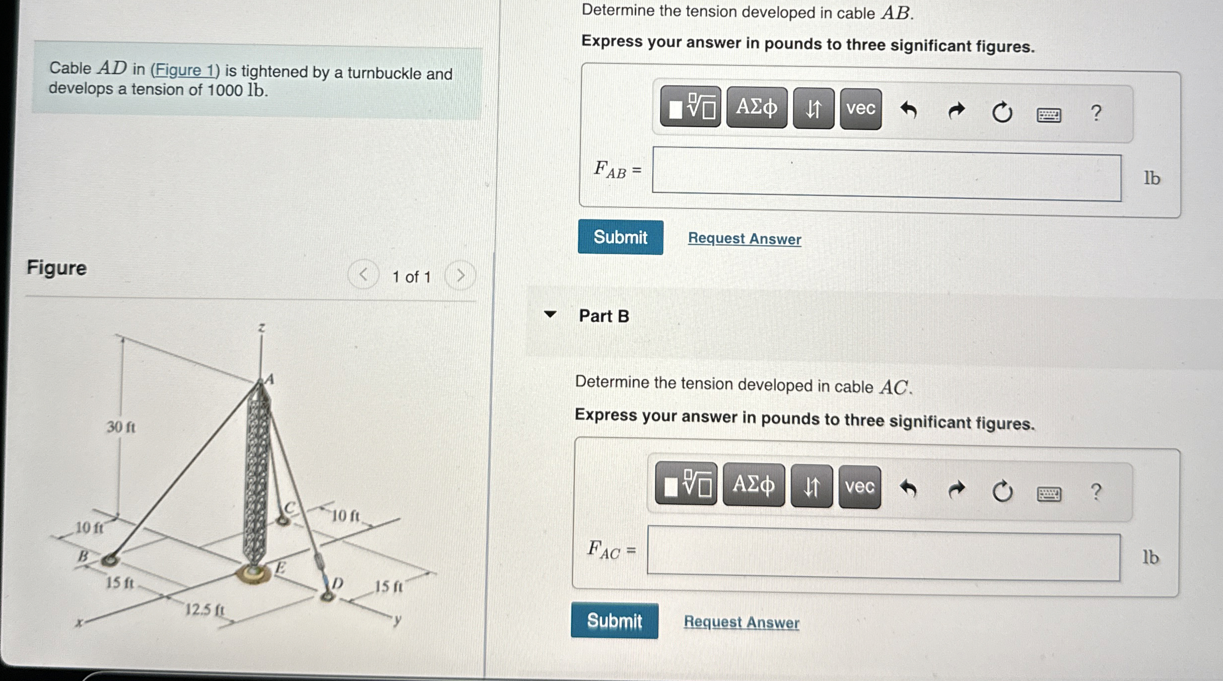 Determine the tension developed in cable A B .